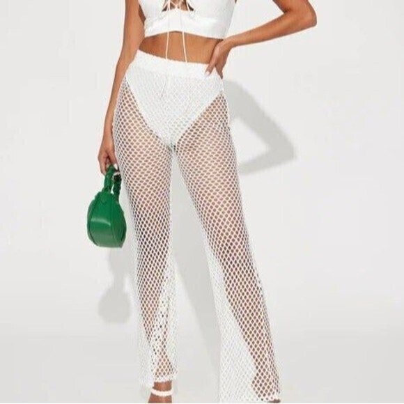 White Fishnet High Rise Flare Cover‎ Up Pant Size S RefM012 - Picture 1 of 7